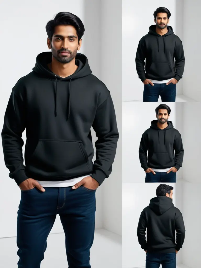 Create product images of an Indian male model wearing a baggy black hoodie .  His hands are in his pockets. The background is an white and studio. Images should be well-lit, showcasing the hoodie's details and tex (2).webp