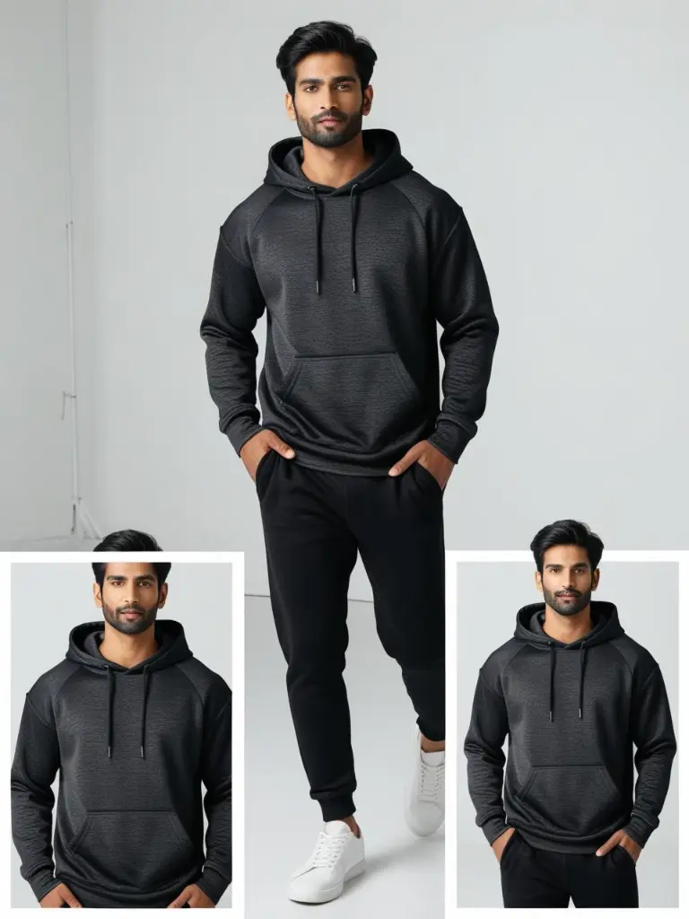 Create product images of an Indian male model wearing a baggy black hoodie .  His hands are in his pockets. The background is an white and studio. Images should be well-lit, showcasing the hoodie's details and tex (1).webp