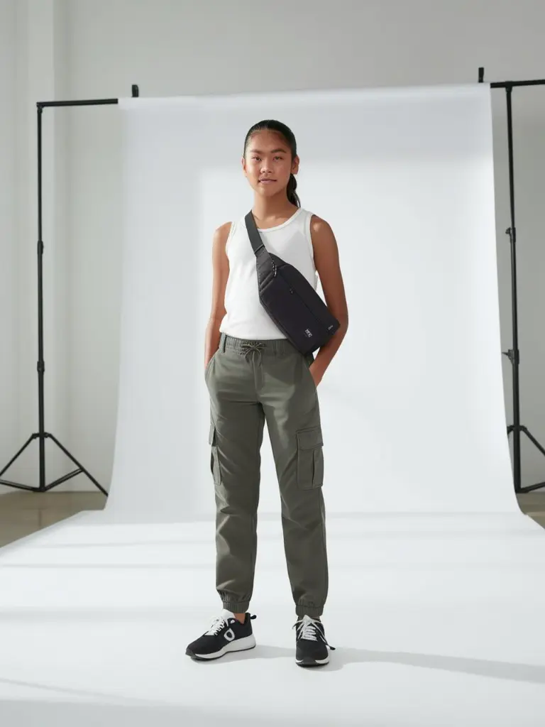 Teenager in cargos with a sling bag, white studio backdrop.__ (2).webp